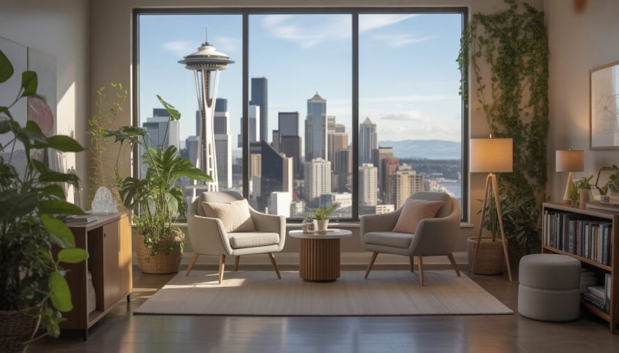 A calm therapy office with seating and plants, overlooking the Seattle skyline including the Space Needle.