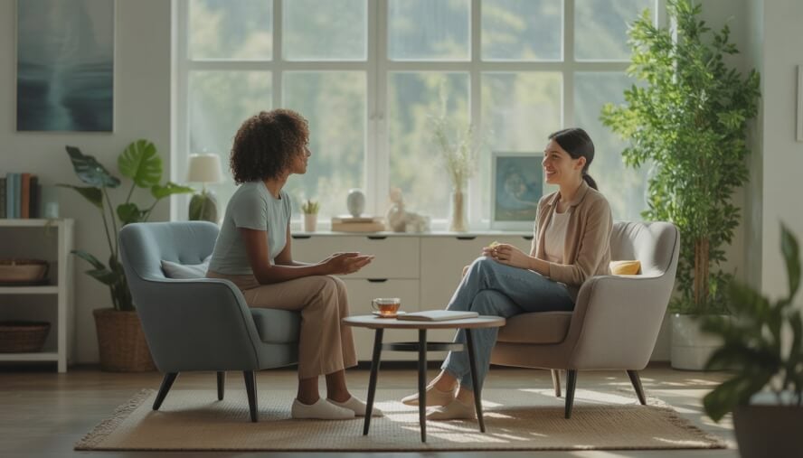 A therapist and client having a supportive conversation in a bright, cozy therapy room with plants and comfortable furniture.