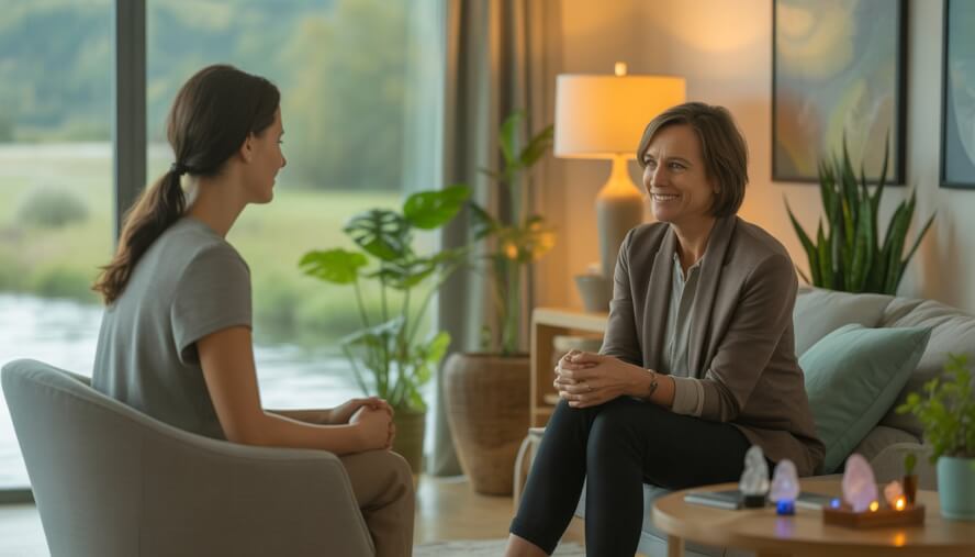 A therapist and client sitting in a calm, warmly lit room with plants and natural light, engaged in a supportive conversation.