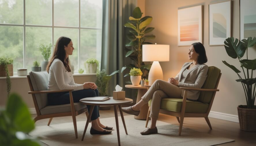 A therapist attentively listens to a client in a bright, comfortable therapy room with plants and soft natural light.