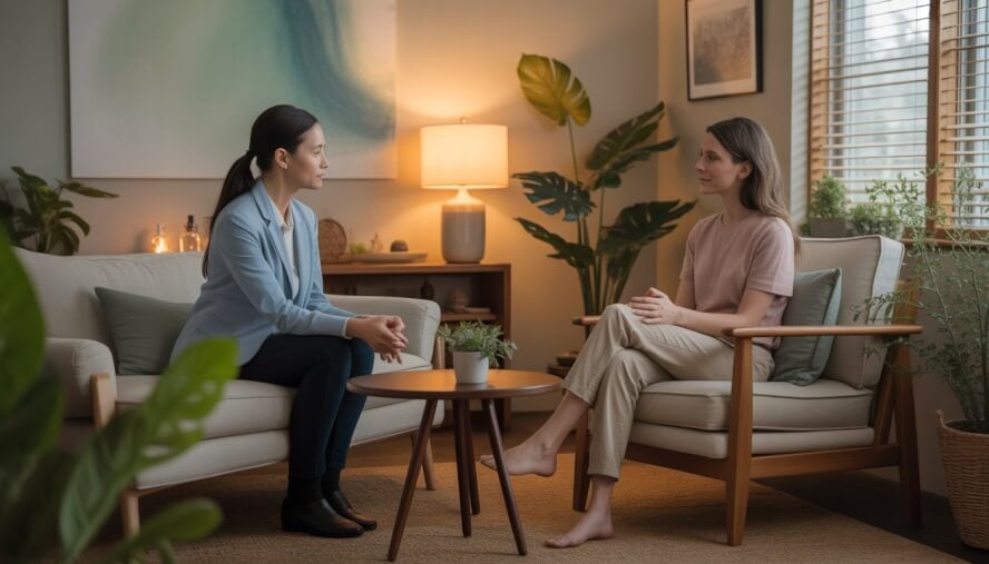 A therapist attentively listening to a patient in a calm, plant-filled therapy room.