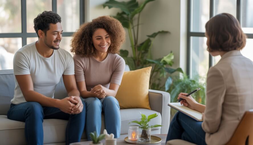 A couple talking with a therapist in a bright, cozy therapy office with plants and natural light.