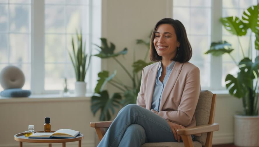 A female therapist sitting in a bright office with plants and natural light, creating a calm and welcoming environment.