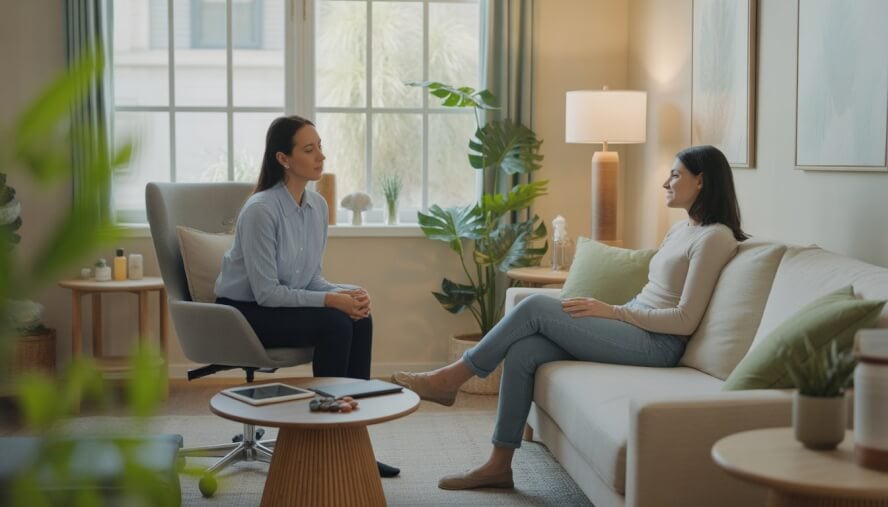 A therapist and patient having a calm conversation in a bright, plant-filled therapy room.