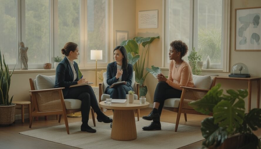 A therapy office in Berkeley with two therapists and a client having a supportive conversation in a calm, well-lit room with plants and comfortable seating.