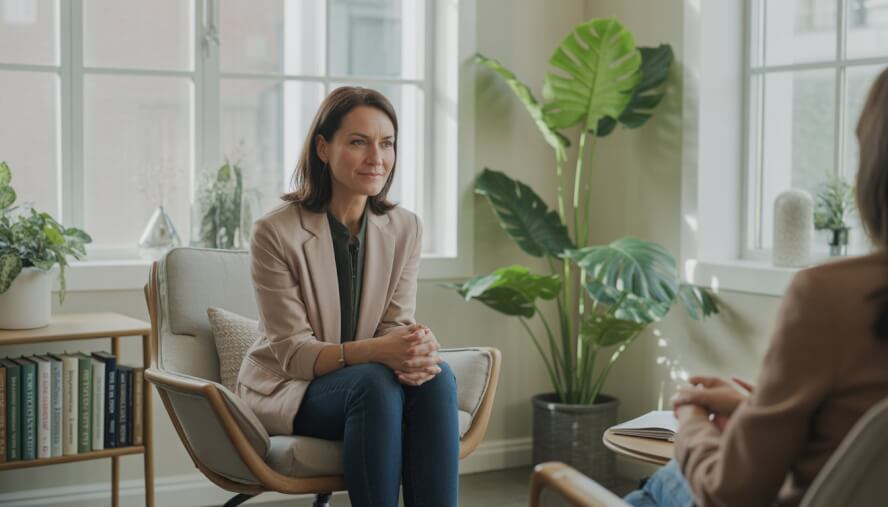 A female therapist sitting in a bright office, attentively listening with a calm and supportive expression.