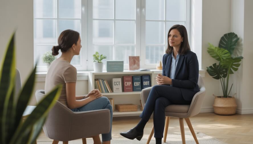 A therapist attentively listening to a client during a therapy session in a bright, comfortable office.