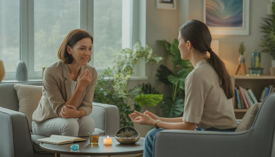A therapist attentively listening to a client in a bright, calm therapy room with plants and natural light.
