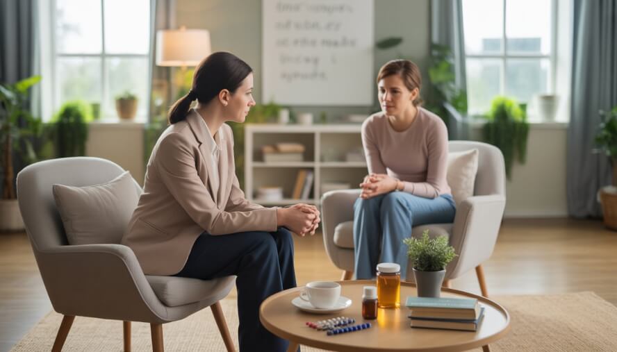 A therapist attentively listening to a patient in a bright, cozy therapy room with plants and wellness items on a table.