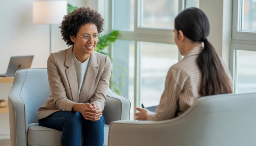 A therapist attentively listening to a client in a bright, comfortable therapy office with natural light and plants.
