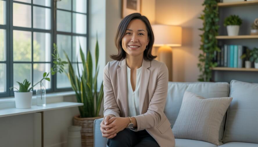A female therapist sitting in a bright, comfortable counseling office with plants and books in the background.