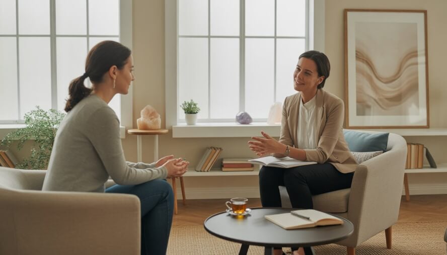 A female therapist talking empathetically with a client in a bright, comfortable therapy office with plants and books.
