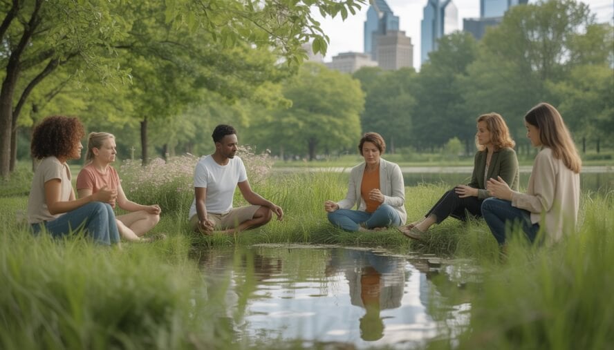 A therapist guides a client through outdoor mindfulness exercises in a green park with trees and a pond, with a city skyline faintly visible in the background.