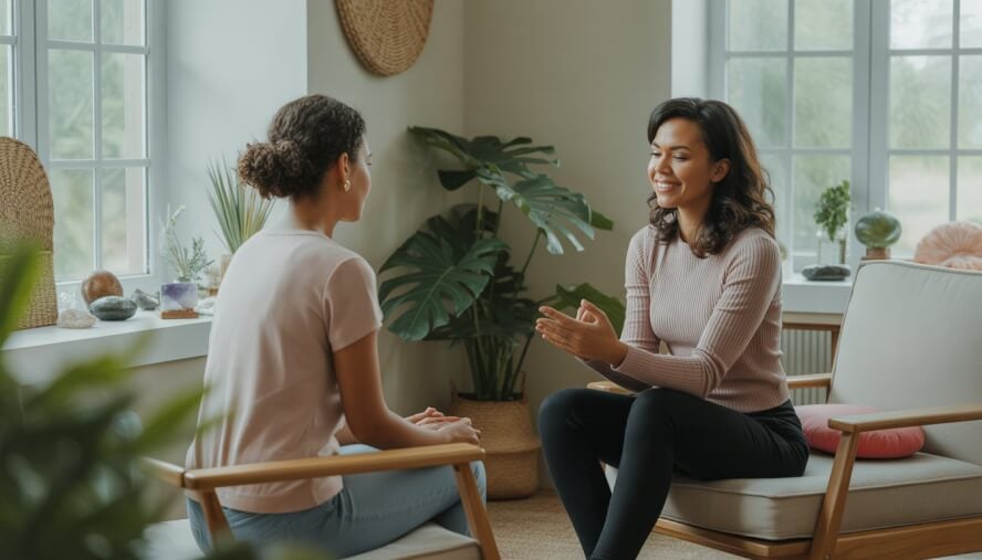 A holistic therapist and client in a bright therapy room with plants and natural light, engaged in a calm and supportive session.