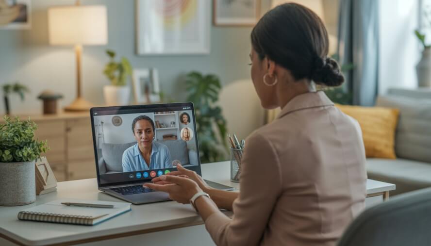 A therapist conducting a video therapy session with a patient on a laptop in a calm home office.