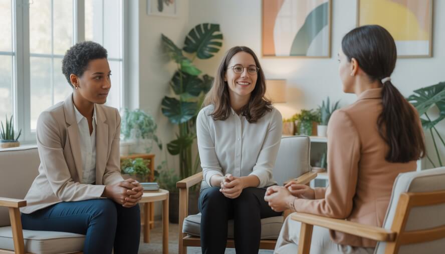 Three therapists having a supportive conversation in a bright, comfortable office space with natural light and plants.