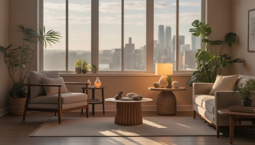 A calm therapy room with comfortable seating, plants, and natural light overlooking a city skyline.