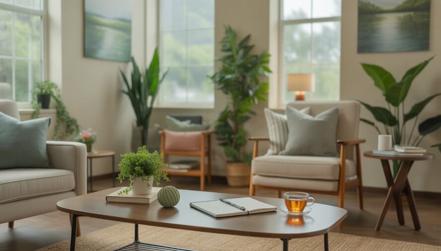 A calm therapy office with natural light, comfortable seating, green plants, and therapy tools arranged on a wooden table.