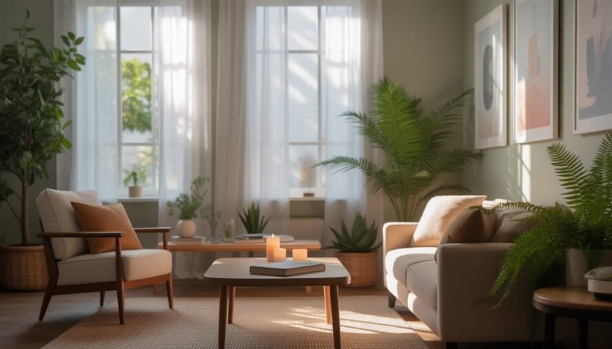 A calm therapy office with comfortable seating, plants, soft natural light, and peaceful decor creating a welcoming atmosphere.