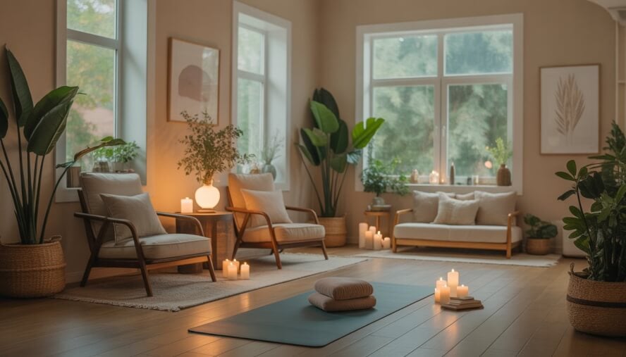 A peaceful therapy and yoga studio interior with natural light, plants, and a yoga mat on a wooden floor.