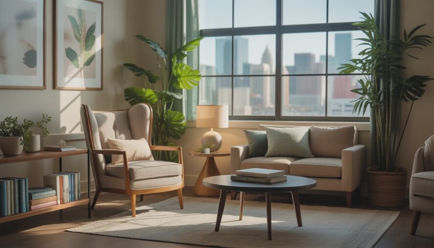 A calm therapy office with comfortable seating, indoor plants, and a window showing a Minneapolis cityscape.