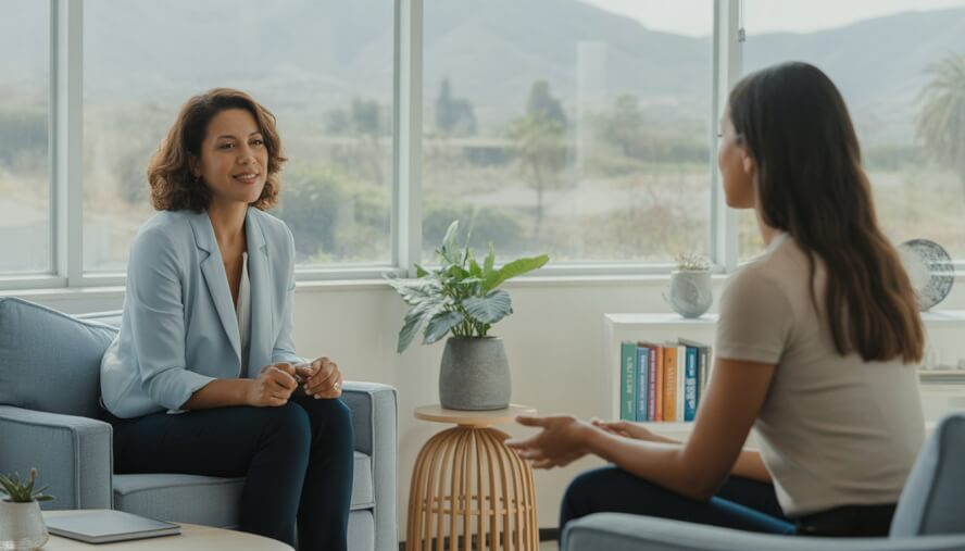 A therapist attentively listening to a young adult client in a bright, modern therapy office with natural light and indoor plants.