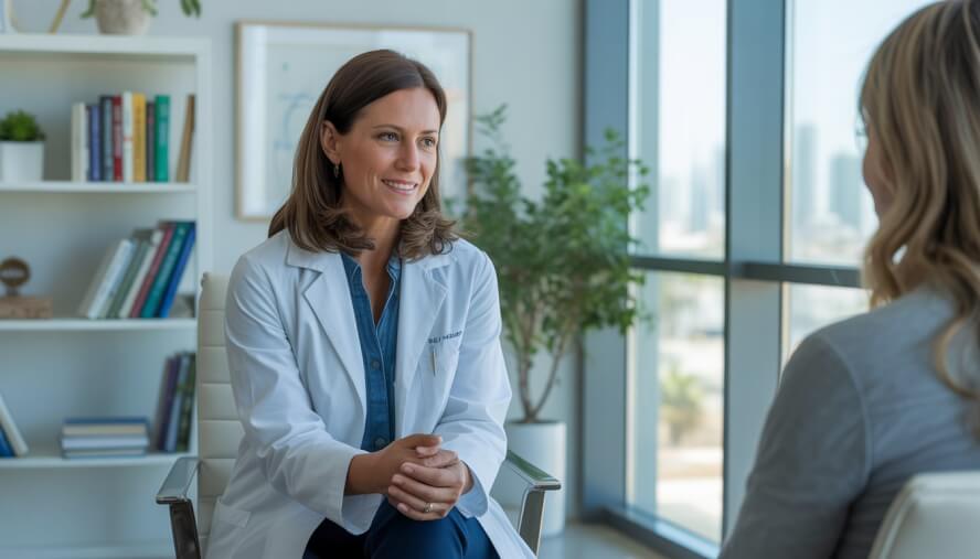A female psychiatrist speaking calmly with a patient in a bright, modern office with plants and books.