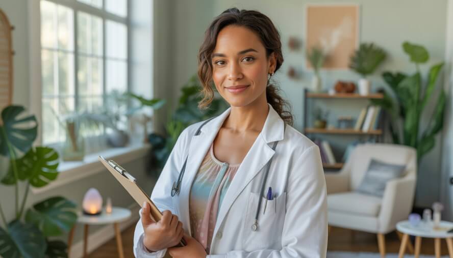 A female holistic psychiatrist standing in a bright therapy room with plants and books, smiling gently while holding a clipboard.