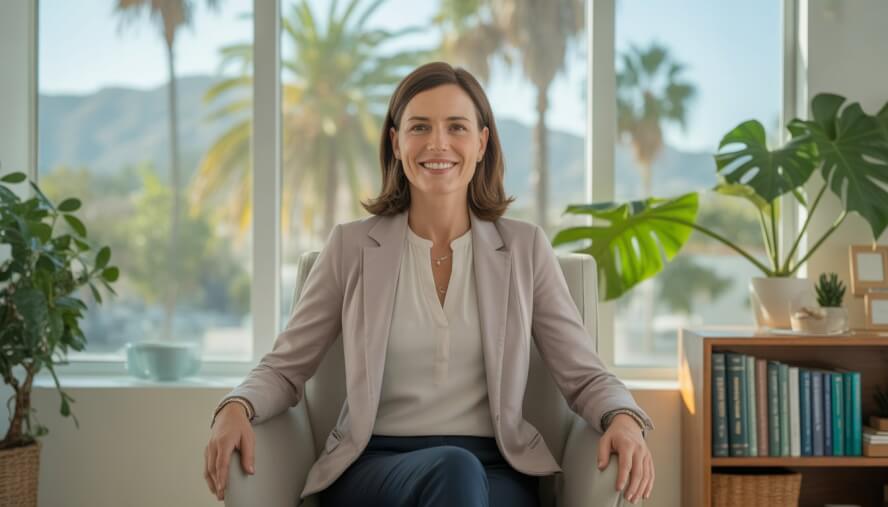 A female therapist sitting in a bright office with plants and books, smiling warmly.