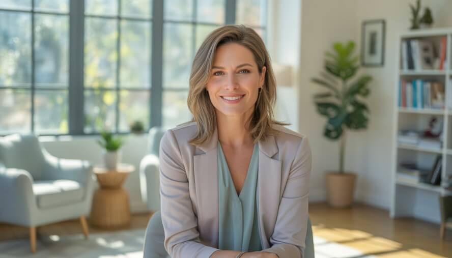 A female therapist sitting in a bright, modern office with plants and books, smiling warmly.