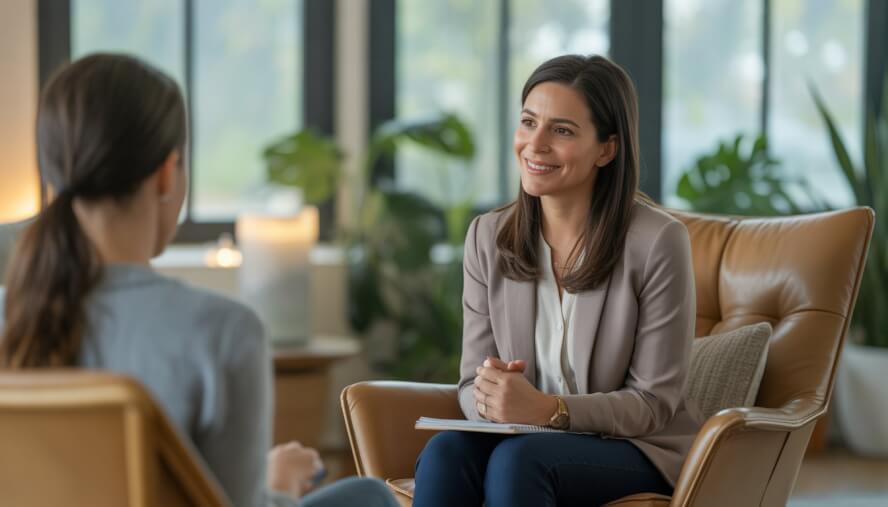 A female therapist sitting in a cozy office, attentively listening to a client with a calm and approachable demeanor.