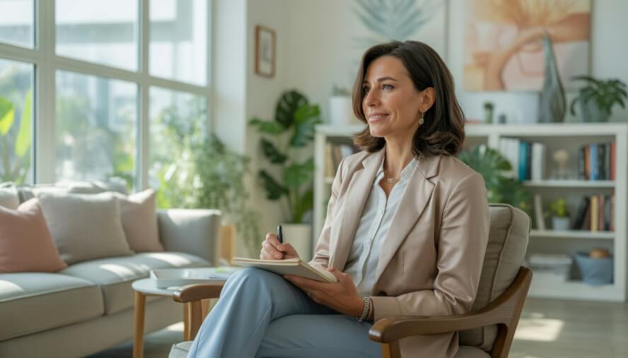 A female psychotherapist sitting in a bright, modern office, attentively listening with a notepad in hand, surrounded by calming decor and natural light.