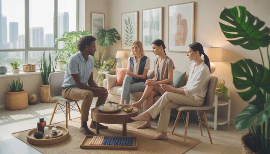 Therapists and a patient in a bright wellness clinic room with plants and natural light.