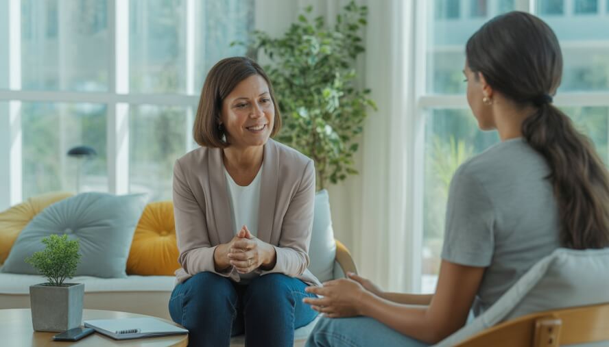 A therapist attentively listens to a young adult client in a bright, calm therapy room with natural light and plants.