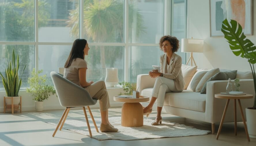 A holistic anxiety therapist attentively listening to a client in a bright, calming office with plants and natural light.