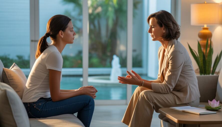 A therapist attentively listens to a client in a bright, peaceful therapy room with plants and natural light.