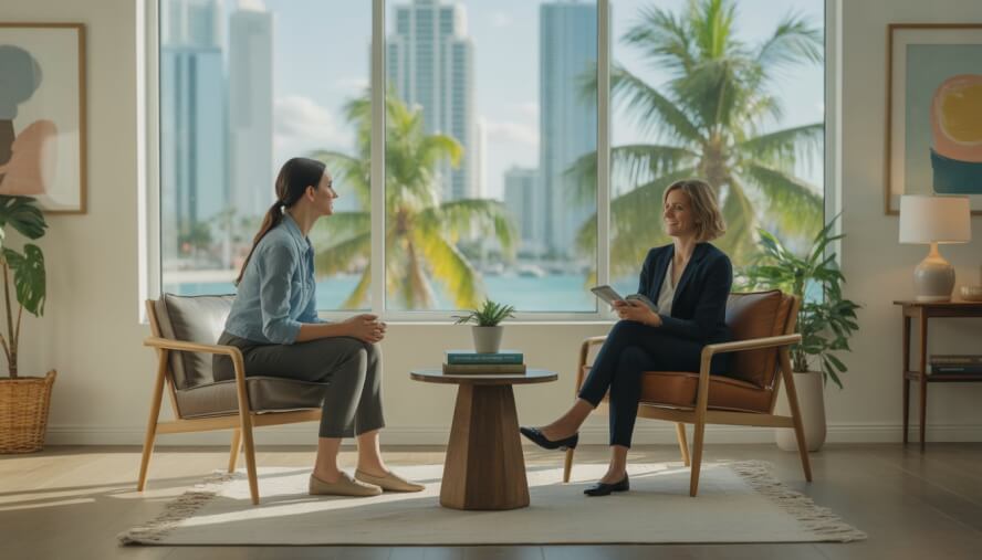 A bright therapy office in Miami with a therapist talking to a relaxed client, surrounded by plants and calming decor.
