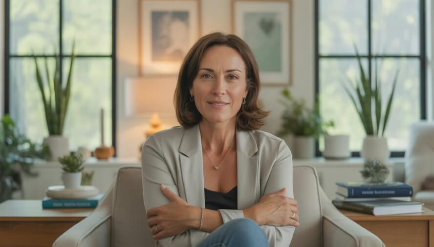 A female holistic therapist sitting in a bright therapy office with plants and books, smiling warmly.