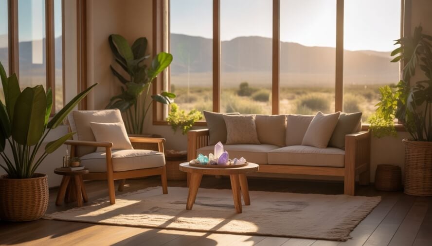 A peaceful therapy room with natural light, plants, and calming decor overlooking a desert landscape.