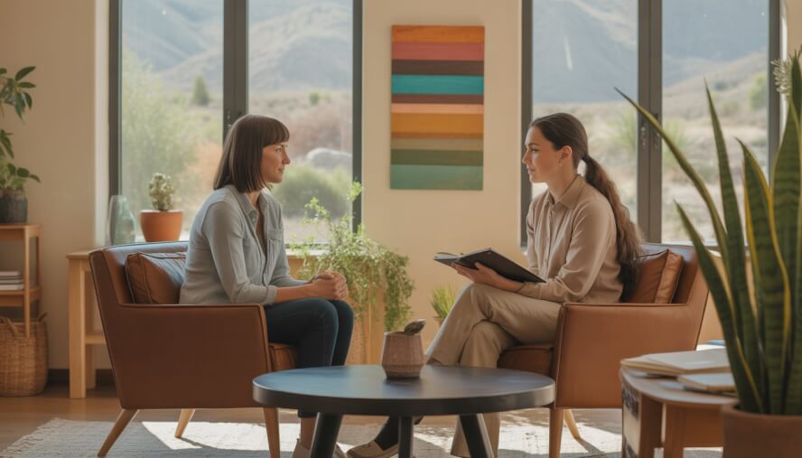 A therapist and client having a supportive counseling session in a bright, comfortable office with natural light and plants.