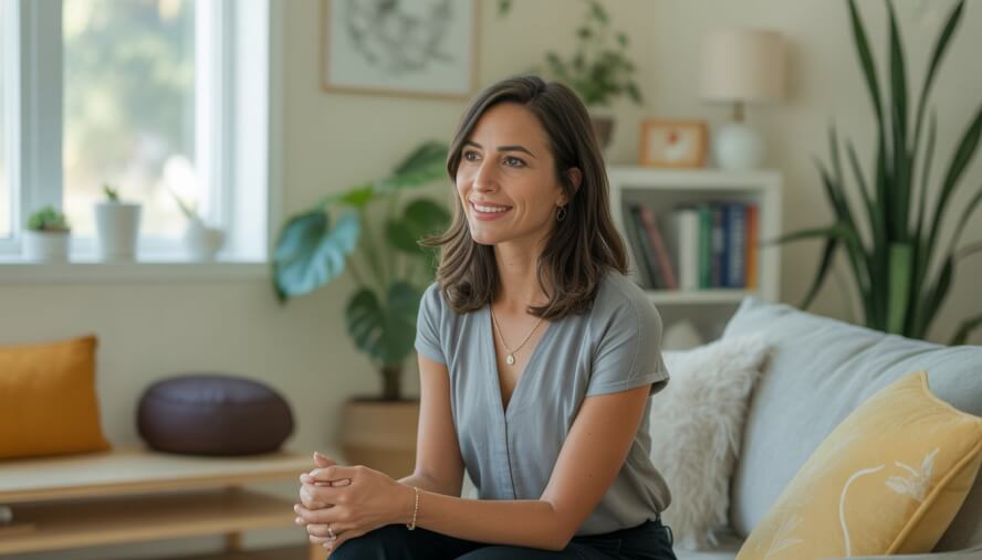 A female therapist sitting in a bright, welcoming office with plants and books, smiling warmly and appearing attentive.