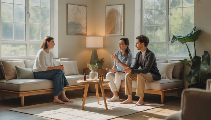 A calm therapy room with two therapists talking to a client, surrounded by natural light and plants.