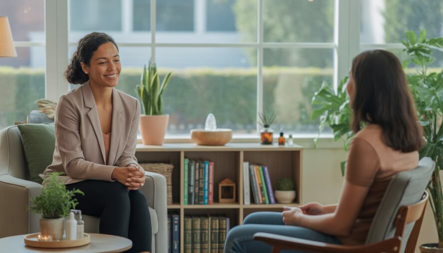 A therapist and client in a bright, cozy therapy room with plants and calming decor, engaged in a supportive conversation.