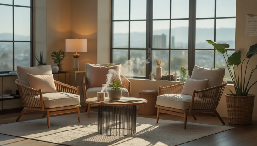 A cozy therapy office with comfortable chairs and a view of Oakland city through large windows.