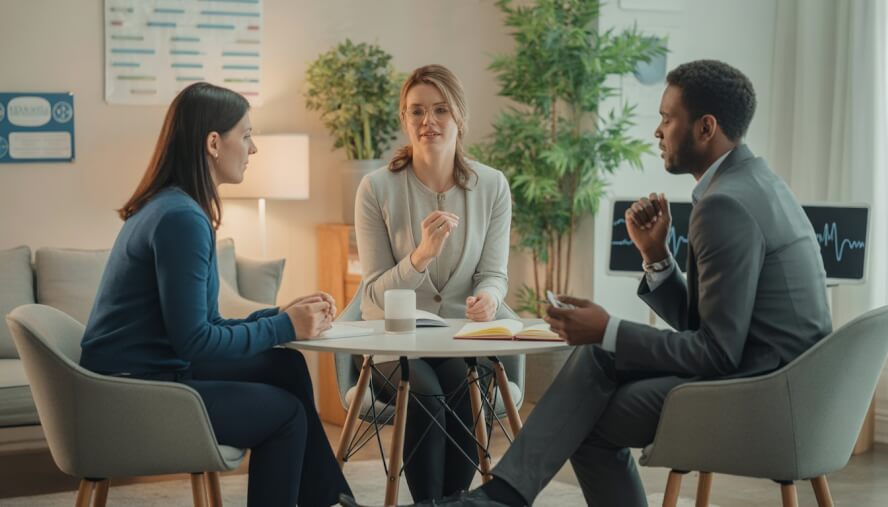 Three therapists sitting around a table in a bright, modern therapy office discussing treatment methods.