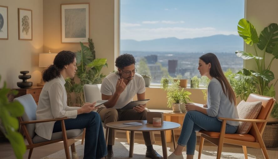 Three therapists having a supportive conversation in a bright, welcoming counseling office with plants and a view of Denver's cityscape and mountains outside.