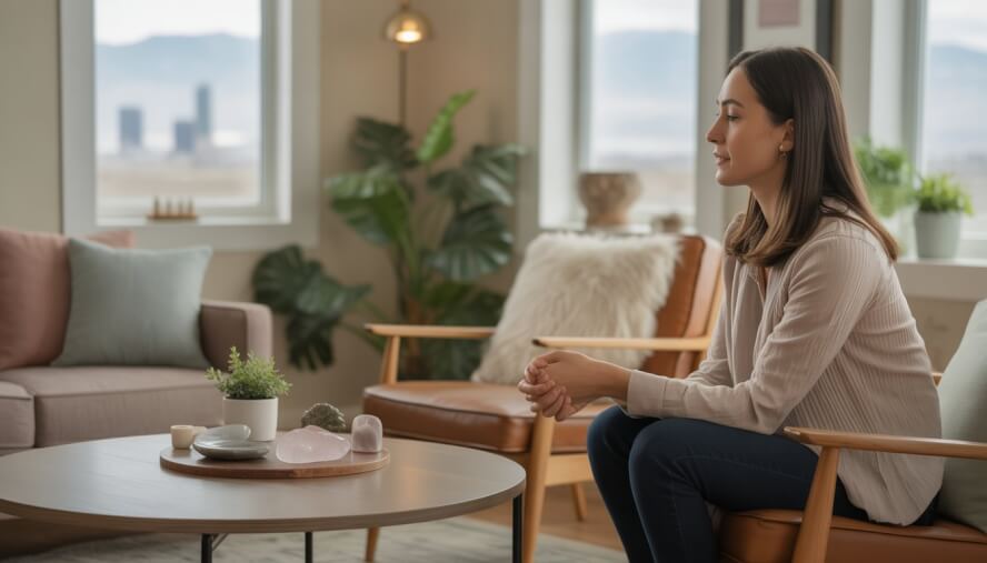 A therapist attentively speaking with a client in a bright, comfortable counseling room with plants and natural light.