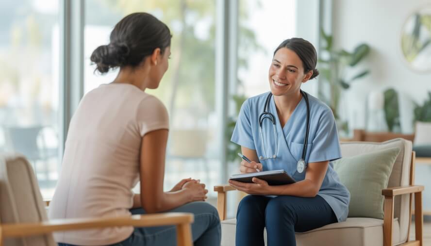 A psychiatric nurse practitioner talking with an adult client in a bright, comfortable therapy office.