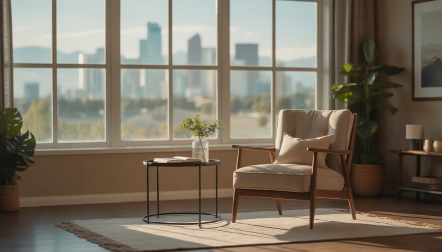 A calm therapy office with a comfortable chair, plant, and large windows showing a city skyline and mountains in the background.