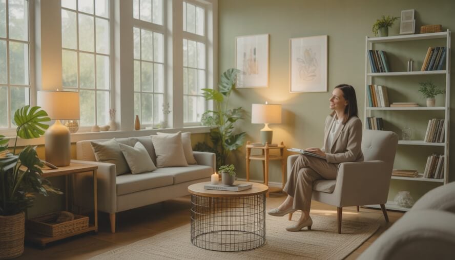 A therapist attentively listening to a client in a cozy, well-lit counseling office with plants and comfortable seating.